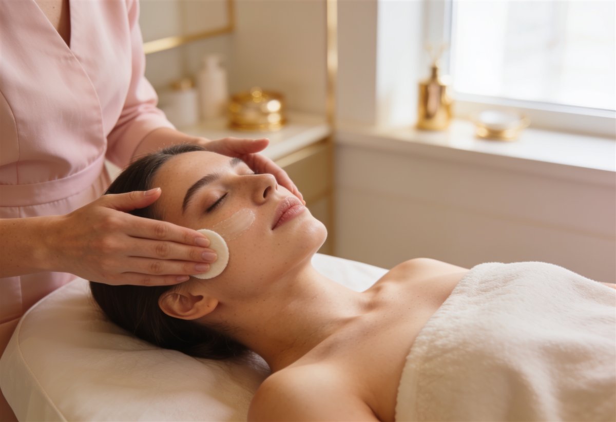 Esteticista realizando limpeza de pele profissional em ambiente clean e acolhedor